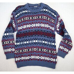 VINTAGE 90s MEN'S BLUE & RED HEAVY KNIT PULLOVER SWEATER - HONORS - SIZE M